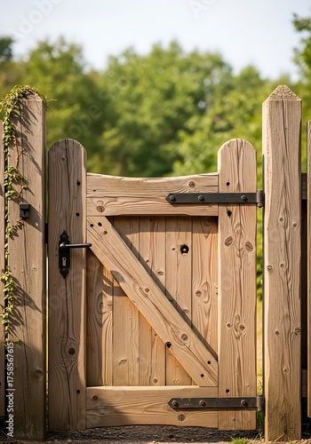 Rustic wooden garden gate entrance with metal accents and blurred greenery