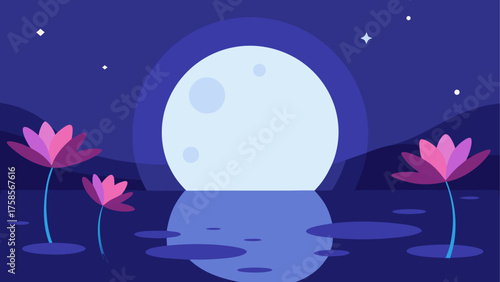 Serene night scene with full moon and lotus flowers reflected in water