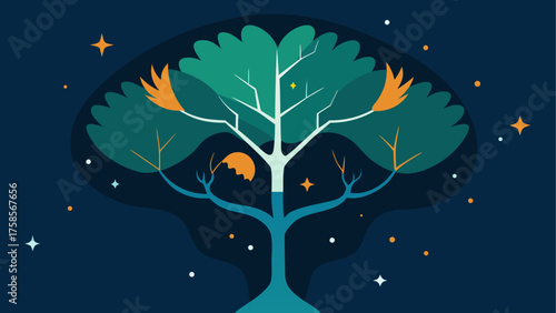 Stylized tree under a starry night sky with abstract elements