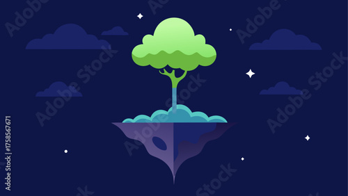 Lone tree on a floating island under a starry night sky