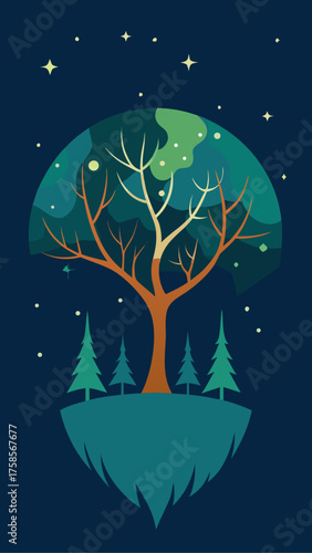 Whimsical floating island with a stylized tree under a starry night sky
