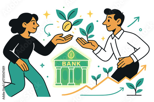 Eco-Currency Exchange. Green finance. Hands exchanging coins that transform into leaves mid-air, glowing eco-bank building in the background. A chart rising