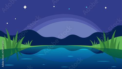Tranquil night landscape with stars reflecting on calm water
