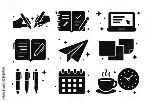 Collaborative Writing Icons. Writing Together. Solid icons set of Writing Together: two hands writing, shared notebook, laptop, open diary, ink splatter, paper