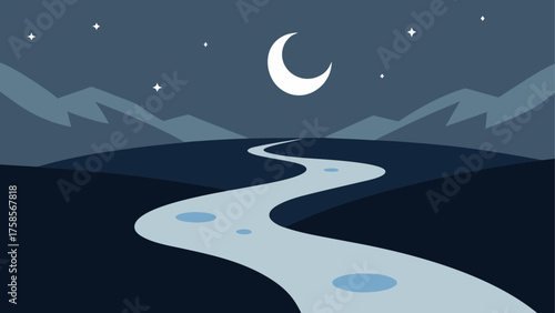 Serene night landscape with winding river and crescent moon