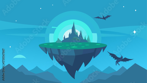 Fantasy floating island castle with dragons and starry sky