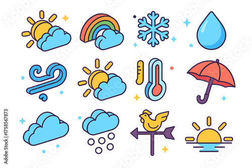 Colorful Weather Icons. Weather. Colorful isometric vector icons set of weather: sunny cloud, rainbow, snowflake, raindrop, windy swirl, partly cloudy,