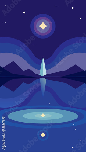 Mystical night landscape with geometric stars and reflecting pyramid
