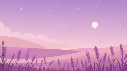 Dreamy lavender field under a starry purple sky with a full moon