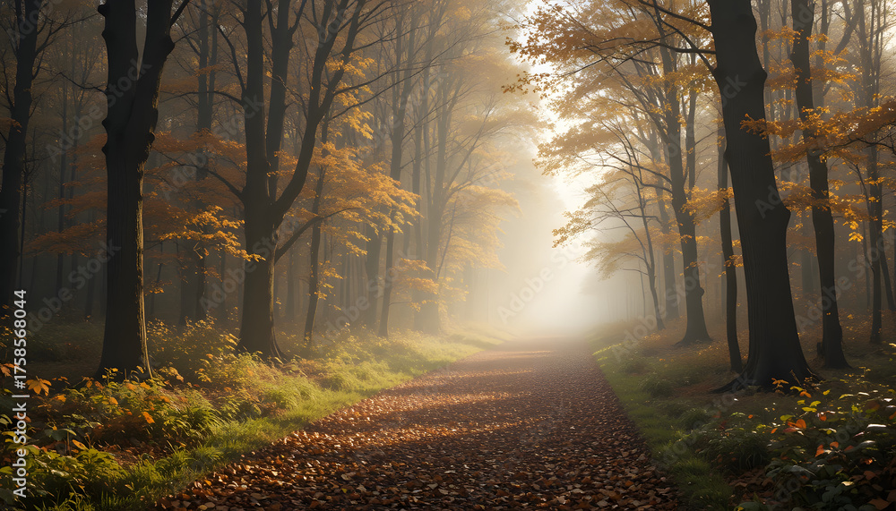 Obraz premium Autumn forest, misty road, golden trees, fall landscape, nature scenery