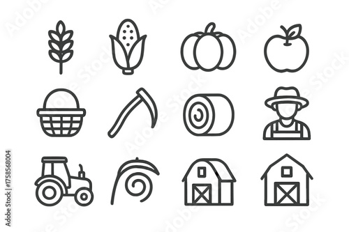 Harvest Icon Set. Harvest season. Line icon set of harvest season: wheat, corn, pumpkin, apple, basket, scythe, hay bale, farmer, tractor, barn. All outline