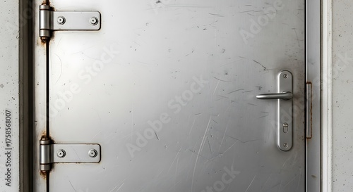 Textured metal door with brushed surface and industrial hardware elements