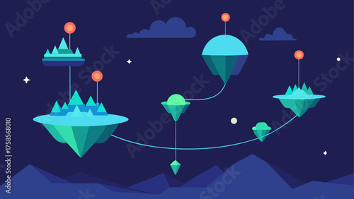 Futuristic floating islands and alien landscapes under a starry night sky