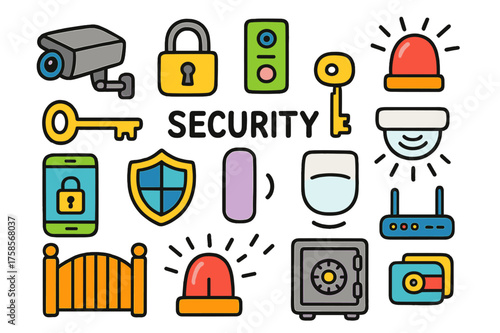 Colorful Security Icons. Security. Colorful Hand-drawn doodle Children illustration Camera, lock, doorbell, alarm, key, shield, motion sensor, smart light,