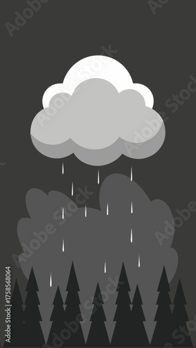Monochromatic storm cloud raining over a dark forest landscape
