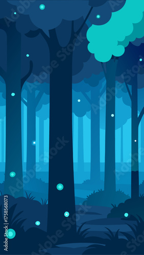 Enchanted forest at night with glowing orbs