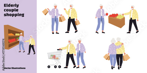Elderly couple shopping in supermarket. Senior man and woman buying groceries, walking with bags and cart. Flat vector illustration