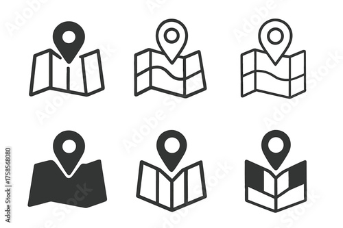 Exploring Places Logos. Exploring New Places. Set Logo of Exploring New Places: map with location pin. harmonious logo variations of the same emblematic