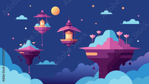 Fantasy floating islands with lanterns and flowers under a full moon