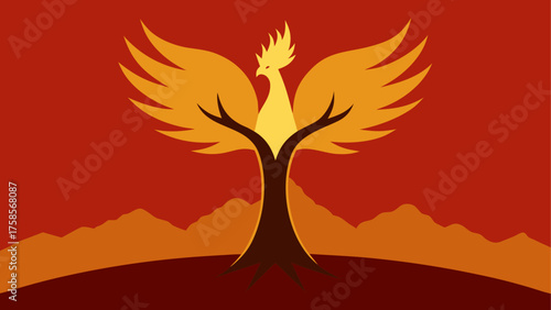 Stylized phoenix rises from a tree against a fiery landscape