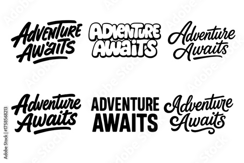 Lettering Adventure Grid. Adventure awaits. Set lettering. harmonious lettering variations of the same emblematic concept (Dynamic brushstroke graffiti