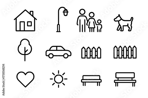 Neighborhood Icons Set. Neighborhood walk. Line icon set of neighborhood walk: house, street lamp, family walking, dog, tree, car, fence, heart, sun, bench.