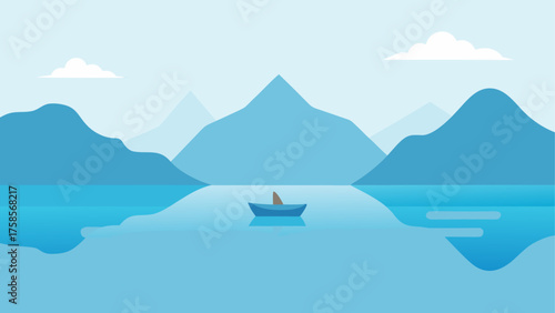 Serene mountain lake with a solitary sailboat and reflective waters