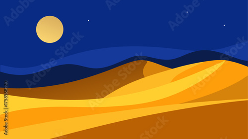 Stylized desert dunes under a starry night sky with a full moon
