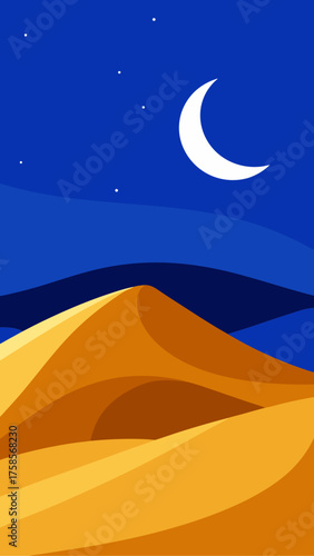 Stylized desert dunes under a starry night sky with a crescent moon