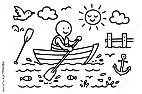 Rowboat Cartoon Doodle. Rowing a boat. Hand-drawn doodle illustration rowing a boat rowboat, paddle oar, person rowing, waves, ripples, life vest, anchor,
