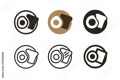Family Brunch Logos. Family hosting Sunday brunches for grandparents. Set Logo of Family brunch: breakfast plate with eggs and toast. harmonious logo