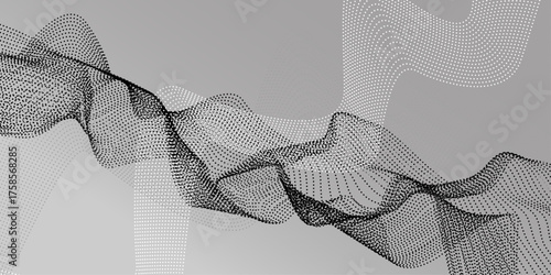 Abstract grey dotted wavy lines. Abstract wave design with flowing lines on white background.  Digital future technology concept, science, banner, business, music. Vector illustration.

