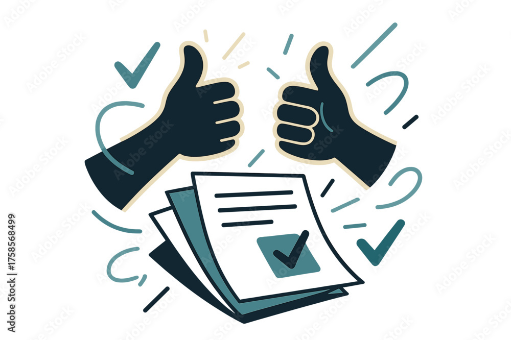 Obraz premium Dynamic Approval Scene. Approved proofs. Glowing hands giving a thumbs up over printed sheets, abstract floating checkmarks and light lines emphasizing