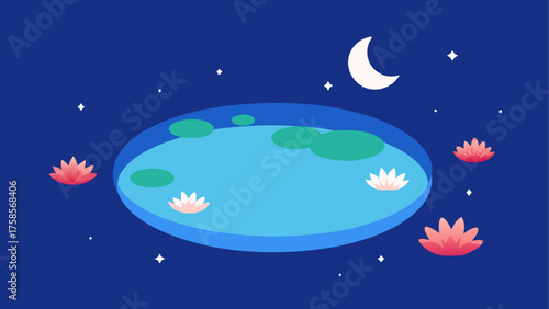 Whimsical night pond with water lilies and crescent moon