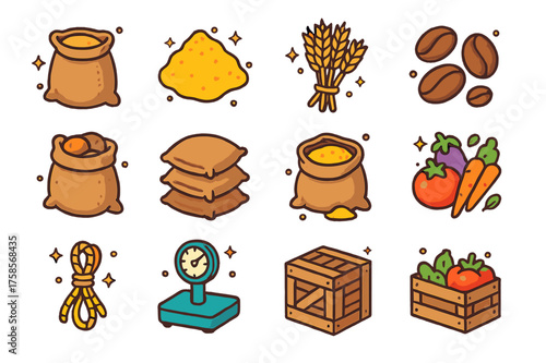 Colorful Agricultural Icons. Agricultural storage. Colorful isometric vector icons set of agricultural storage: burlap sack, grain, wheat bundle, coffee beans,