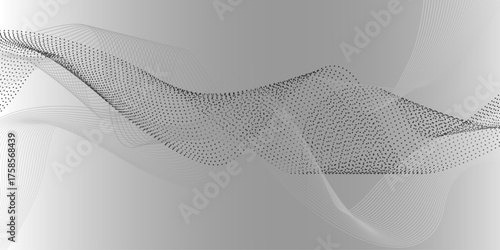 Abstract grey dotted wavy lines. Abstract wave design with flowing lines on white background.  Digital future technology concept, science, banner, business, music. Vector illustration.

