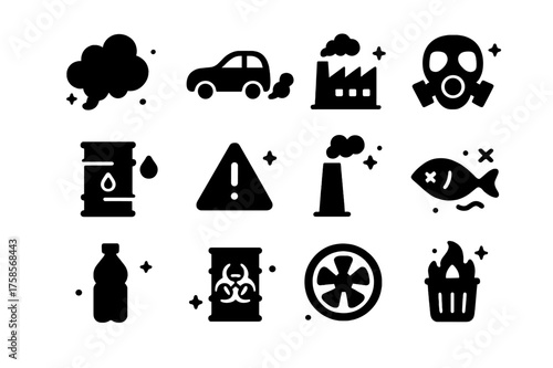 Pollution Icon Set. Pollution. Solid icons set of Pollution: smoke cloud, car exhaust, factory smoke, gas mask, oil barrel, warning sign, chimney stack, dead