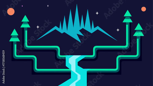 Stylized mountain landscape with flowing water and trees under a starry night sky