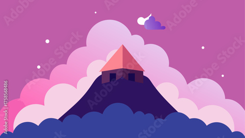 Minimalist house on a hill surrounded by clouds at twilight