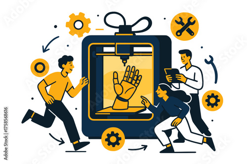 Innovative 3D Prosthetics. 3D printing prosthetics. A glowing 3D printer producing a prosthetic hand, floating icons of gears and tools orbiting around. Soft