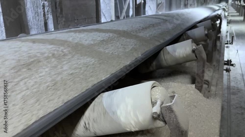 A dynamic, close-up shot captures a heavy industrial conveyor belt transporting a high volume of crushed material, such as cement or limestone, at great speed through a dark factory interior. The stee