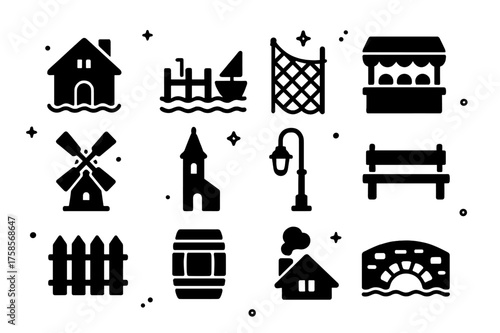 Seaside Village Icons. Seaside villages. Solid icons set of coastal house, boat dock, fishing net, market stall, windmill, church tower, street lamp, bench,