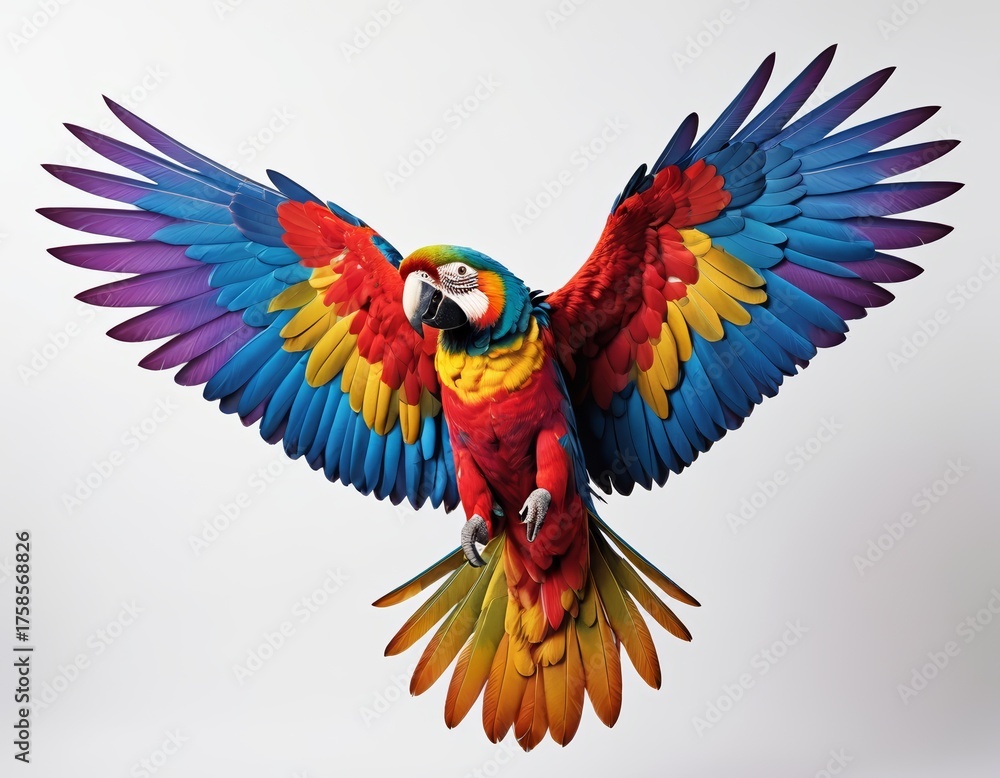 Fototapeta premium Colorful macaw soars against a bright background showcasing stunning feather patterns and vibrant hues of red, blue, and yellow in a dynamic display of nature's beauty Generative AI