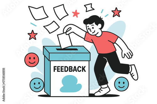 Student Feedback Drop. Anonymous feedback. A student dropping a note into a giant feedback box, with floating paper sheets and stars above. Abstract smiling