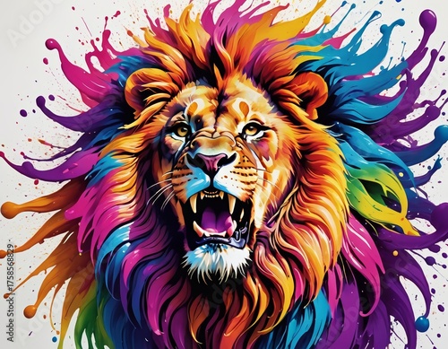 Vibrant lion bursting with color, showcasing the fusion of nature and art in a spectacular display of creativity Generative AI