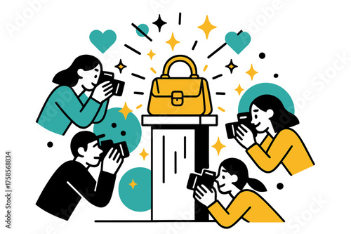 Chic Designer Showcase. Fashion photography. A glowing designer bag on a pedestal with cameras clicking, abstract sparkles and floating hearts