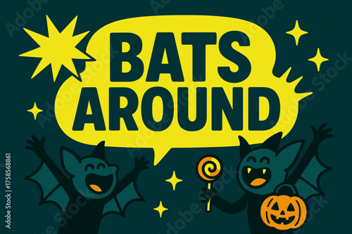 Cheerful Halloween Banner. BatsAround banner, flat vector illustration, bold oversized text inside rounded blob, cartoon characters shouting and cheering near