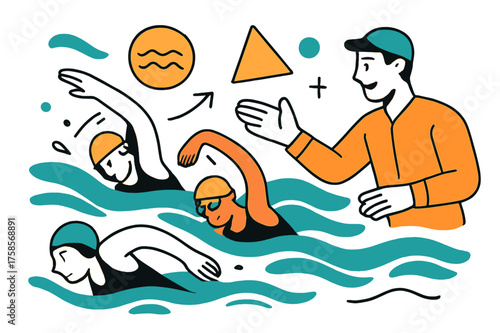 Glowing Swim Training. Technique training. Glowing swimmers practicing strokes with instructor guidance, abstract floating waves and geometric shapes