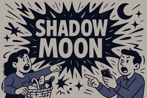 Shadow Moon Banner. Shadow Moon banner, flat vector illustration, bold oversized text inside splash explosion, cartoon characters shouting and pointing at