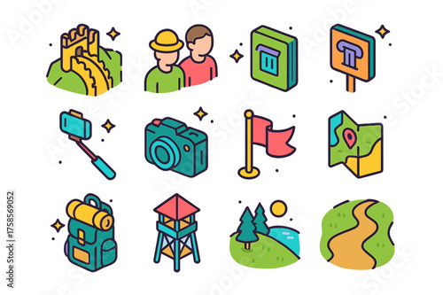 Cultural Heritage Icons. Cultural heritage. Colorful isometric vector icons set of cultural heritage: Great Wall, tourists, historical sign, guidebook, selfie